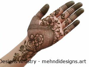 Floral and net mehndi design on palm