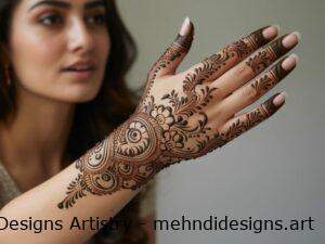 Intricate floral mehndi on back of hand and forearm
